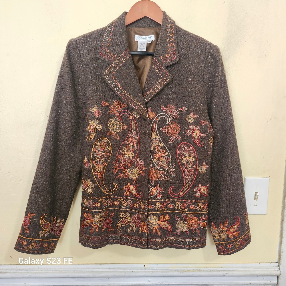 Coldwater Creek Blazer Women M Brown Embroidered Wool Blend Tweed Jacket Boho